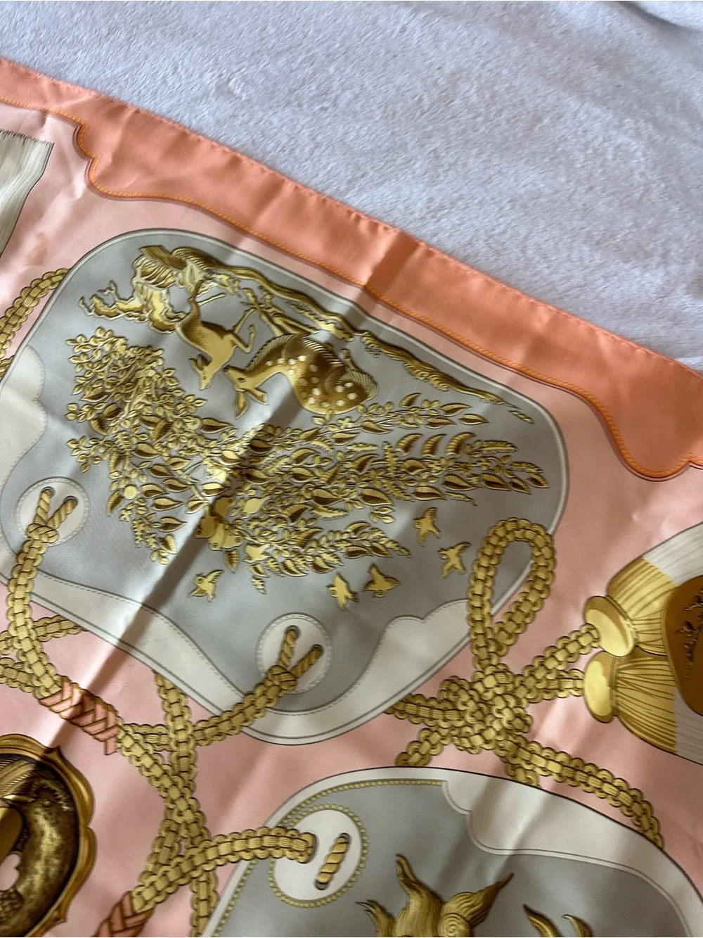 Hermes Peach and Gold Silk Scarf with Ornate Dragon Panels - Picture 10 of 16